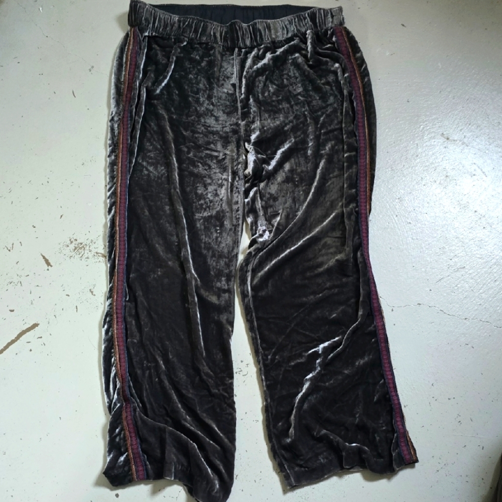 JW Los Angeles Johnny Was Ravi Wide Leg Brown Velvet Silk Pant Embroidery XL